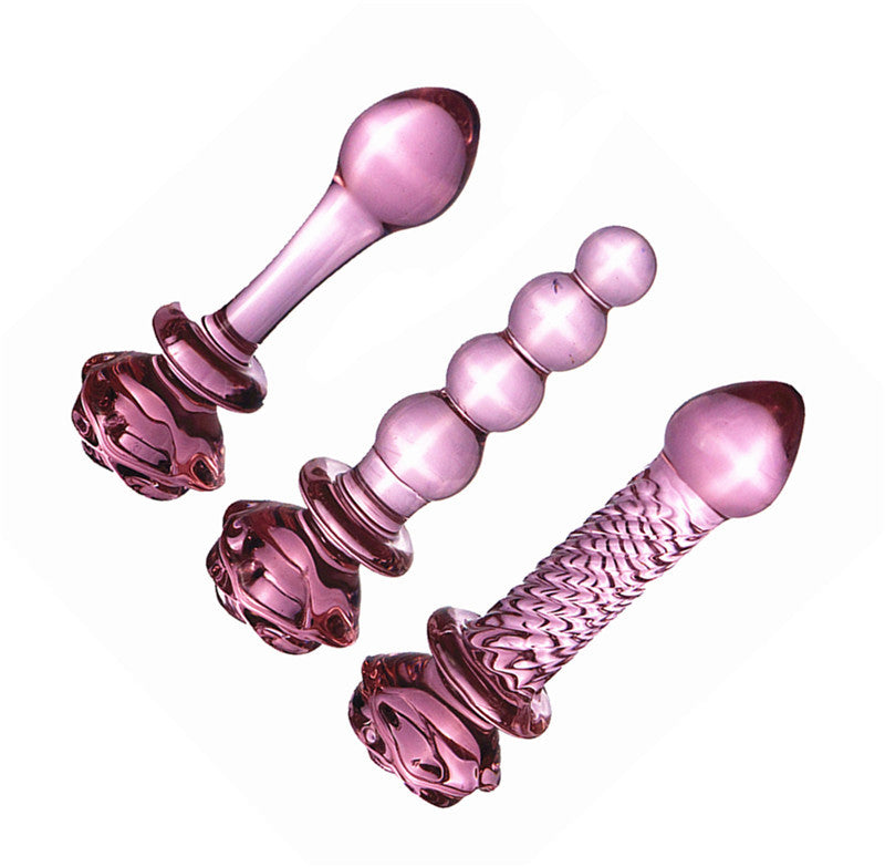 Pink Rose Beads Smooth Glass Dildo