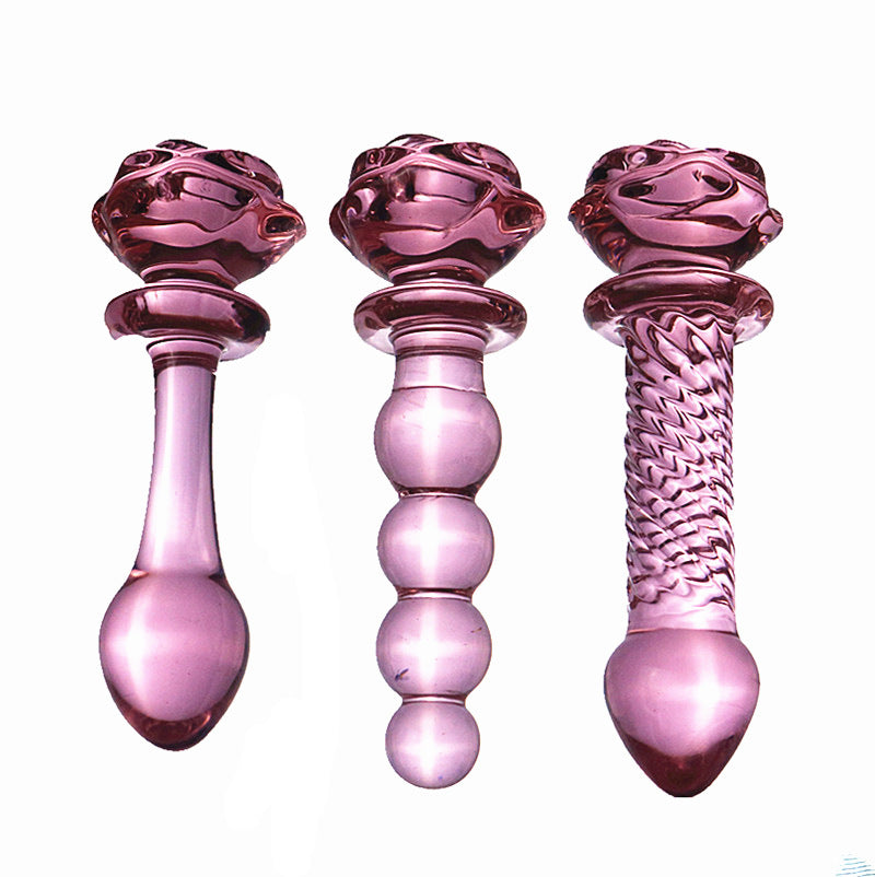 Pink Rose Beads Smooth Glass Dildo