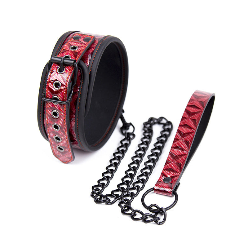 Bondage Collar Leather Diamond Pattern Leash