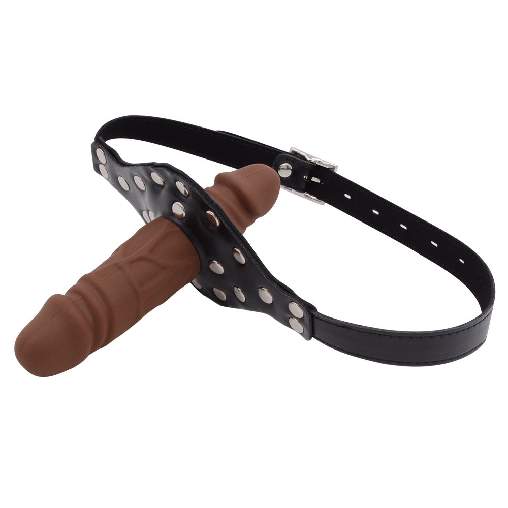 Black Leather Straps Brown Dildo Gag