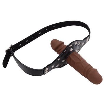 Black Leather Straps Brown Dildo Gag