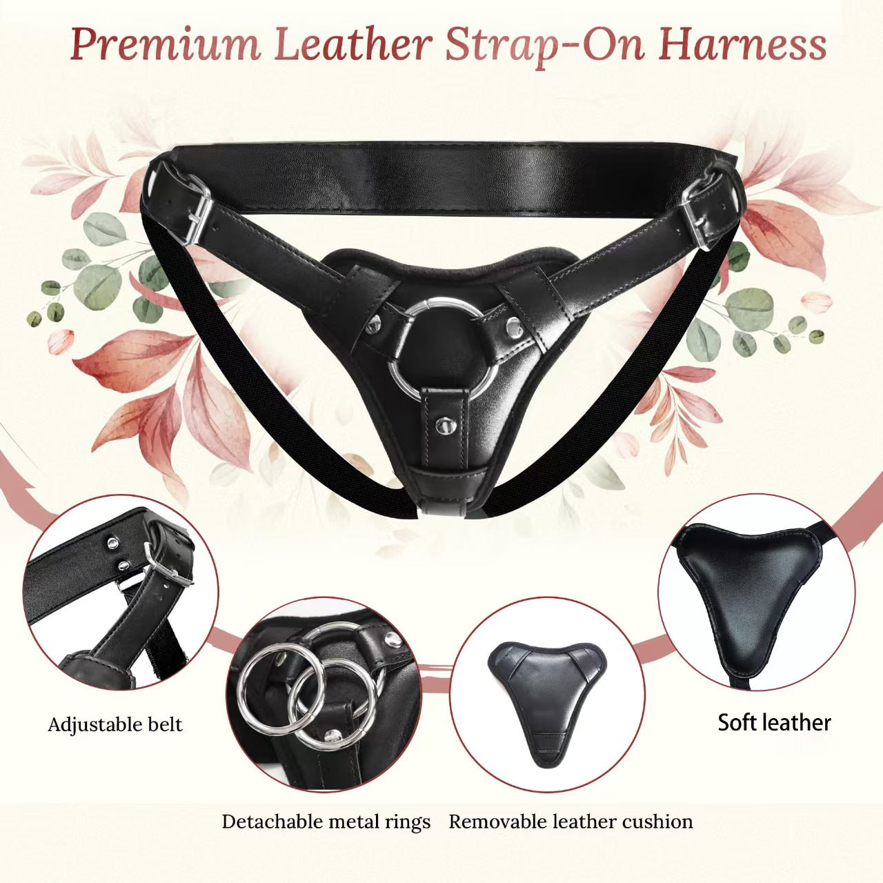 Premium Leather Triple Ring Black Strap On Harness