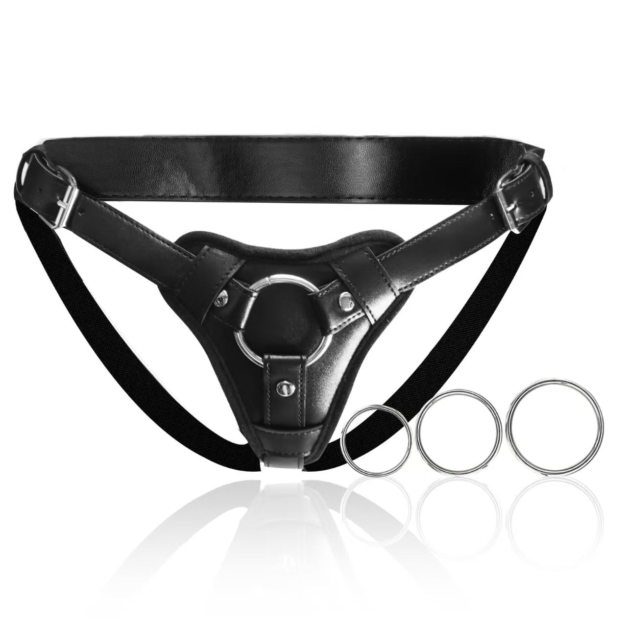 Premium Leather Triple Ring Black Strap On Harness