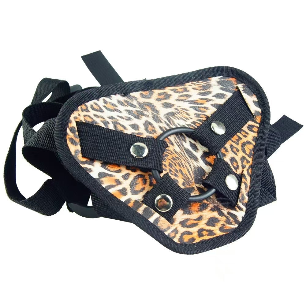 Leopard Print Removable Three Ring Strap On Harness