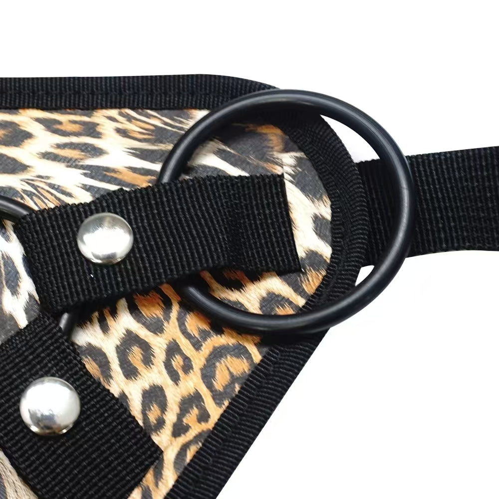 Leopard Print Removable Three Ring Strap On Harness