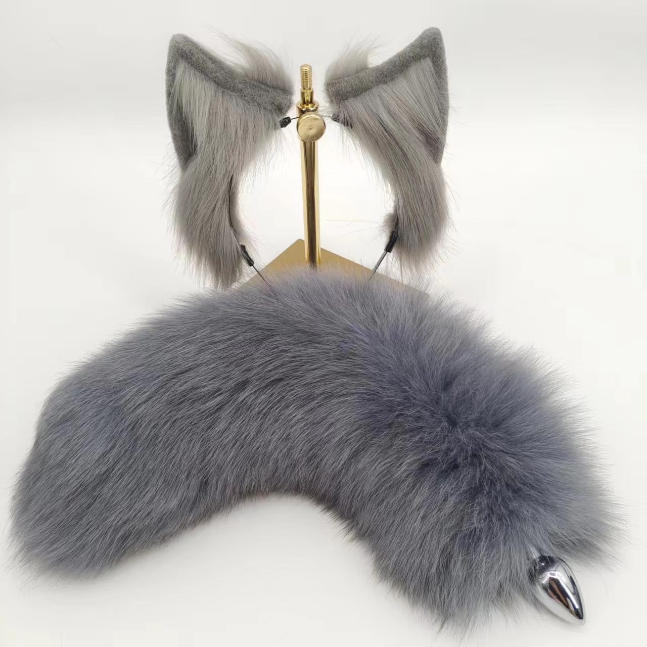 Gray Furry Wolf Tail Butt Plug—Set