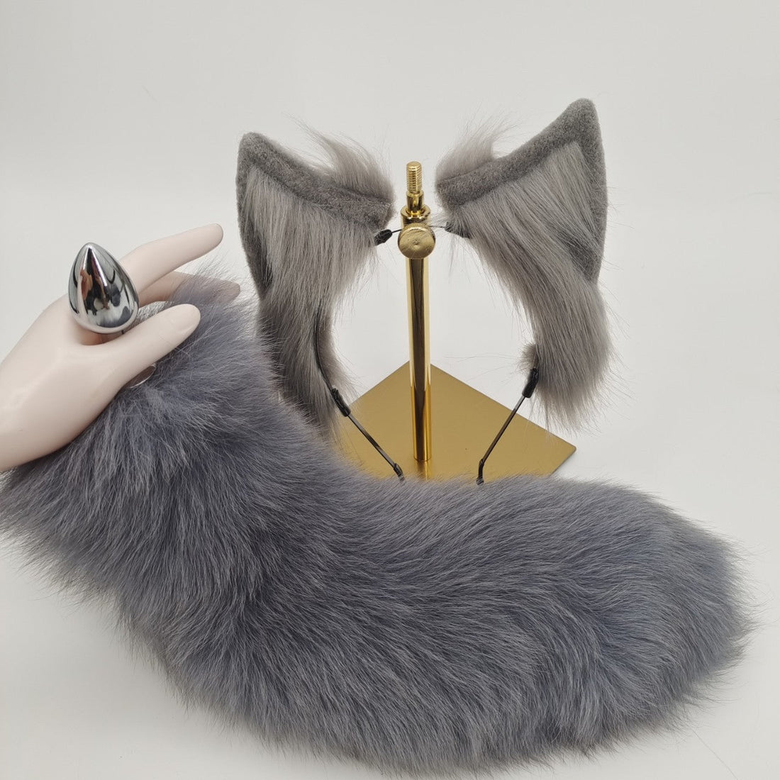 Gray Furry Wolf Tail Butt Plug—Set