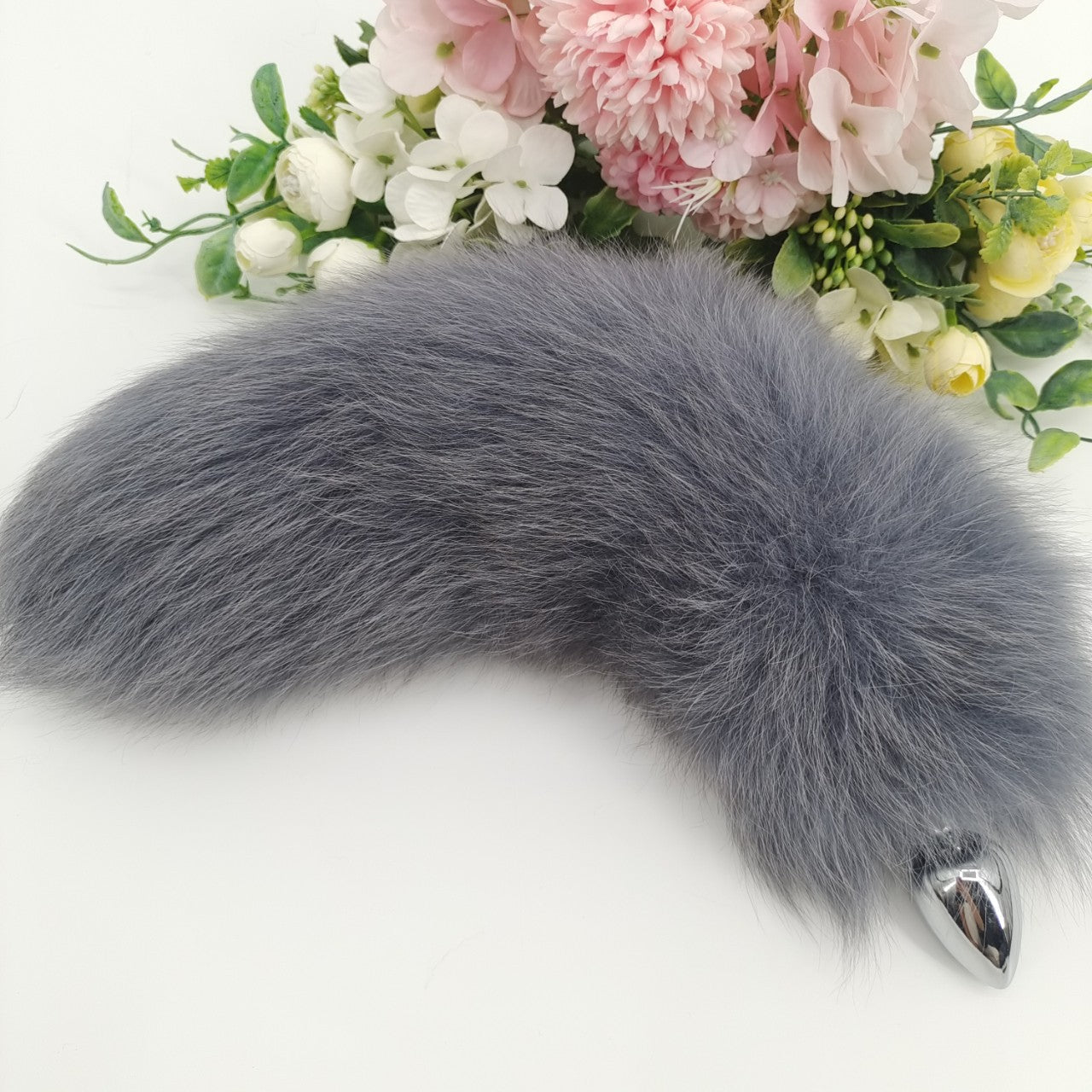 Grey Furry Metal Fox Tail Butt Plug