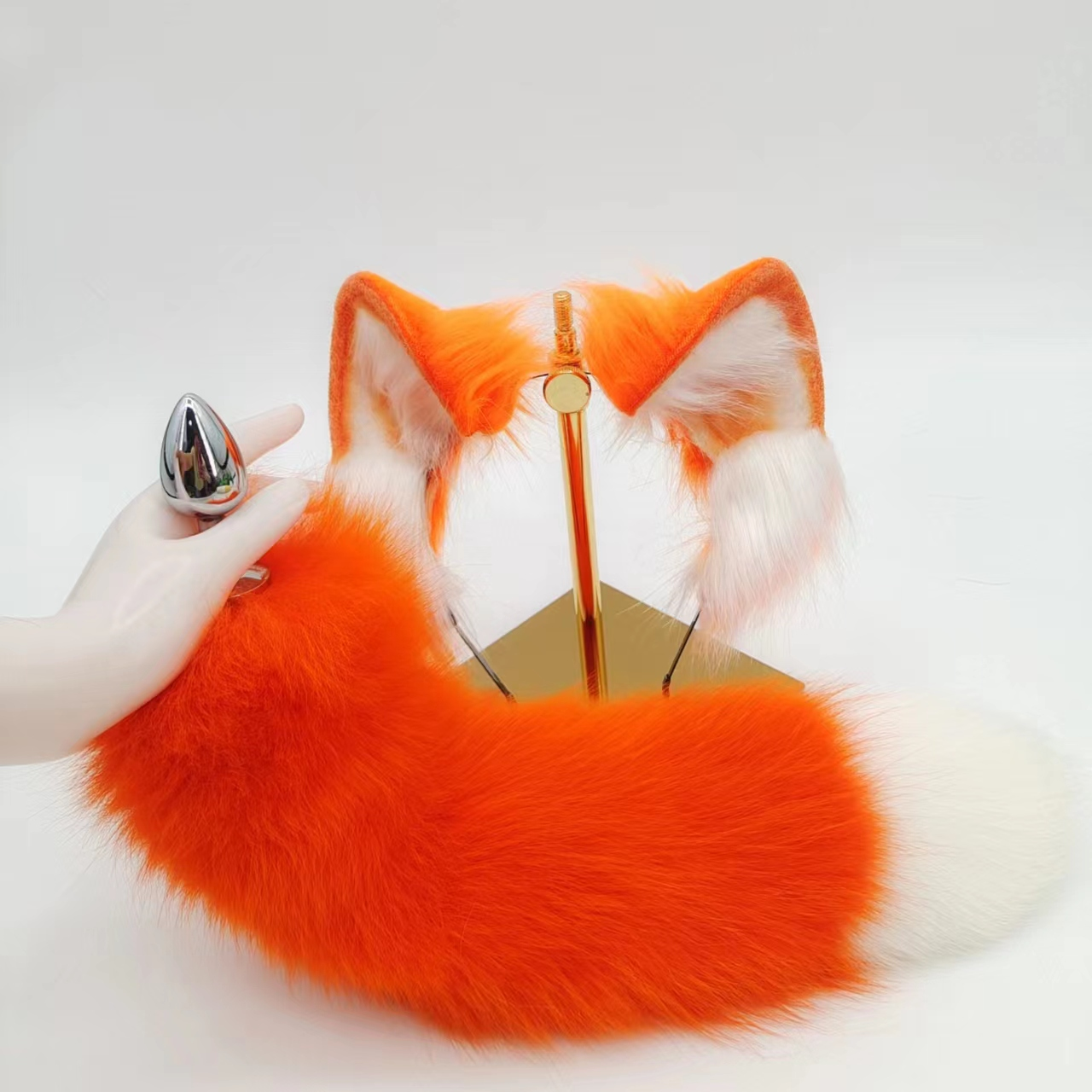 Genuine Leather Orange Plush Fox Tail Butt Plug—Set