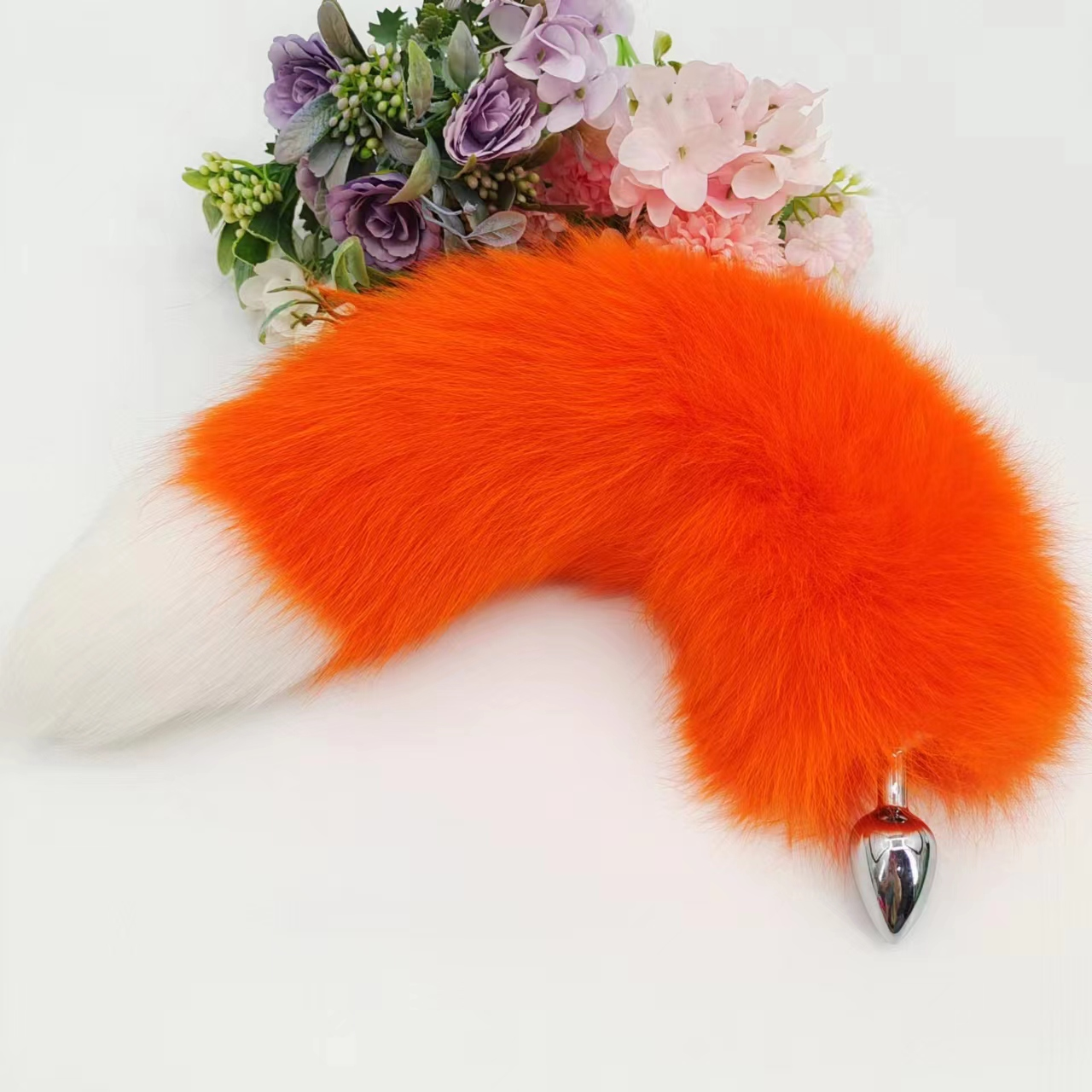 Genuine Leather Orange Plush Fox Tail Butt Plug—Set