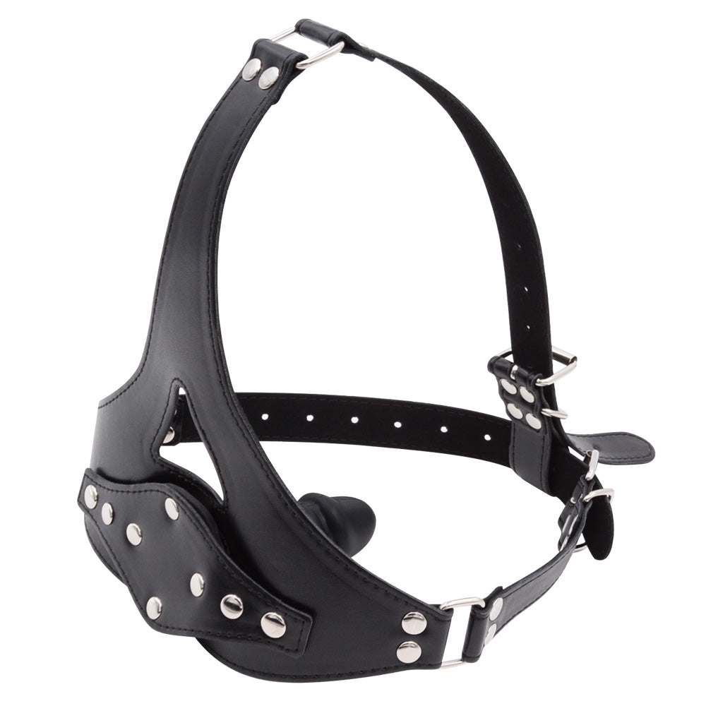 Black Leather Straps Harness Dildo Gag