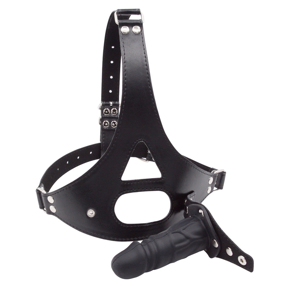 Black Leather Straps Harness Dildo Gag