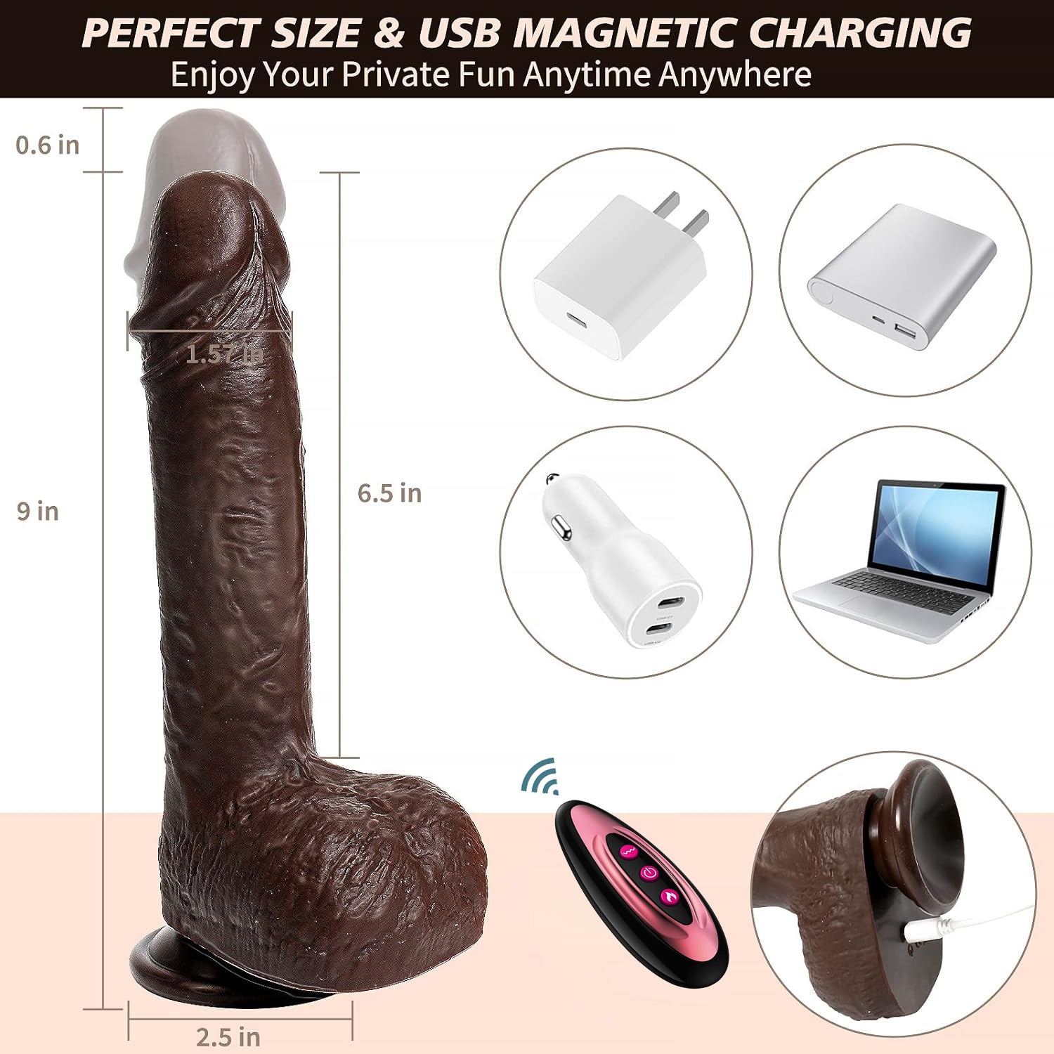 9 Inch Brown App Vibrating Thrusting Dildo