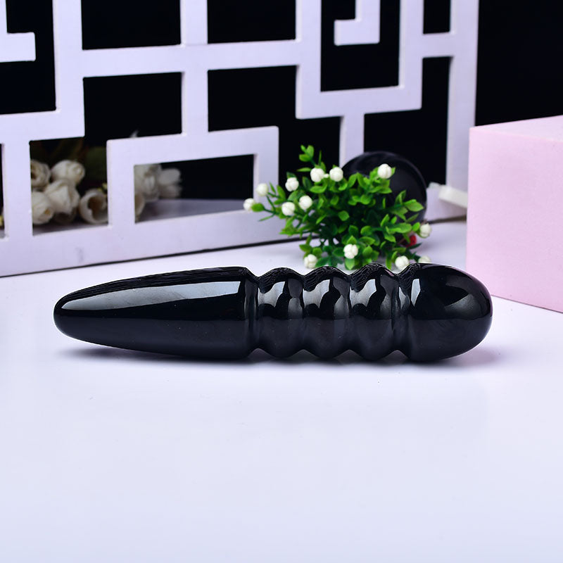 6 Inch Conical Ribbed Black Crystal Dildo