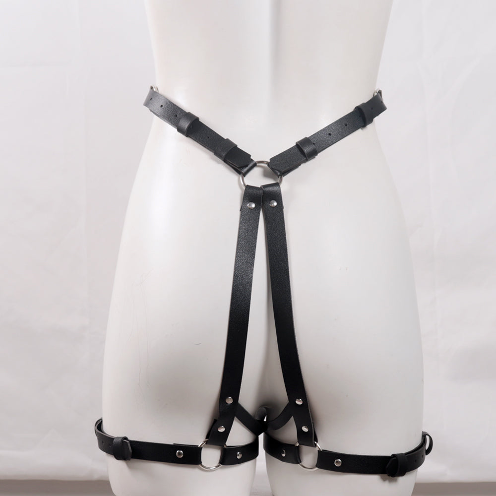 Leather Strapon Harness Black with Metal Rims