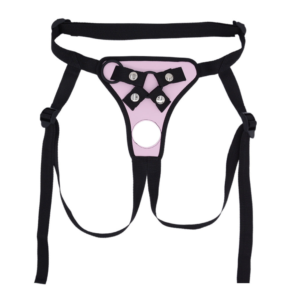 Pink Leather Double Penetration Strap On Harness