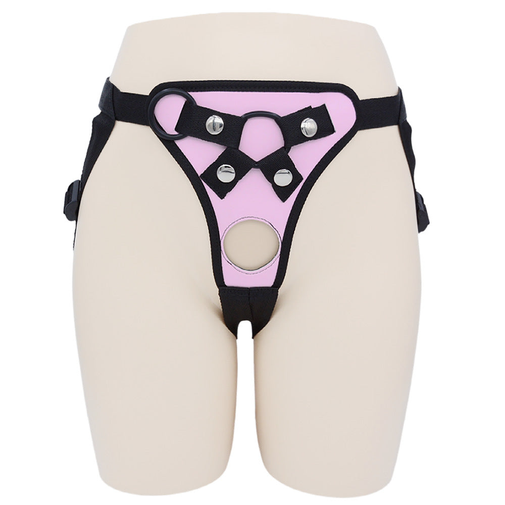 Pink Leather Double Penetration Strap On Harness