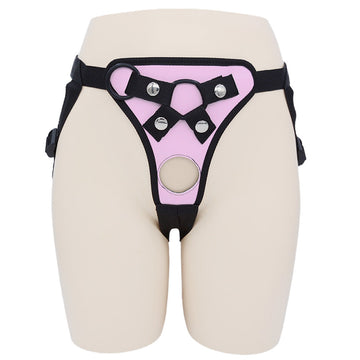 Pink Leather Double Penetration Strap On Harness