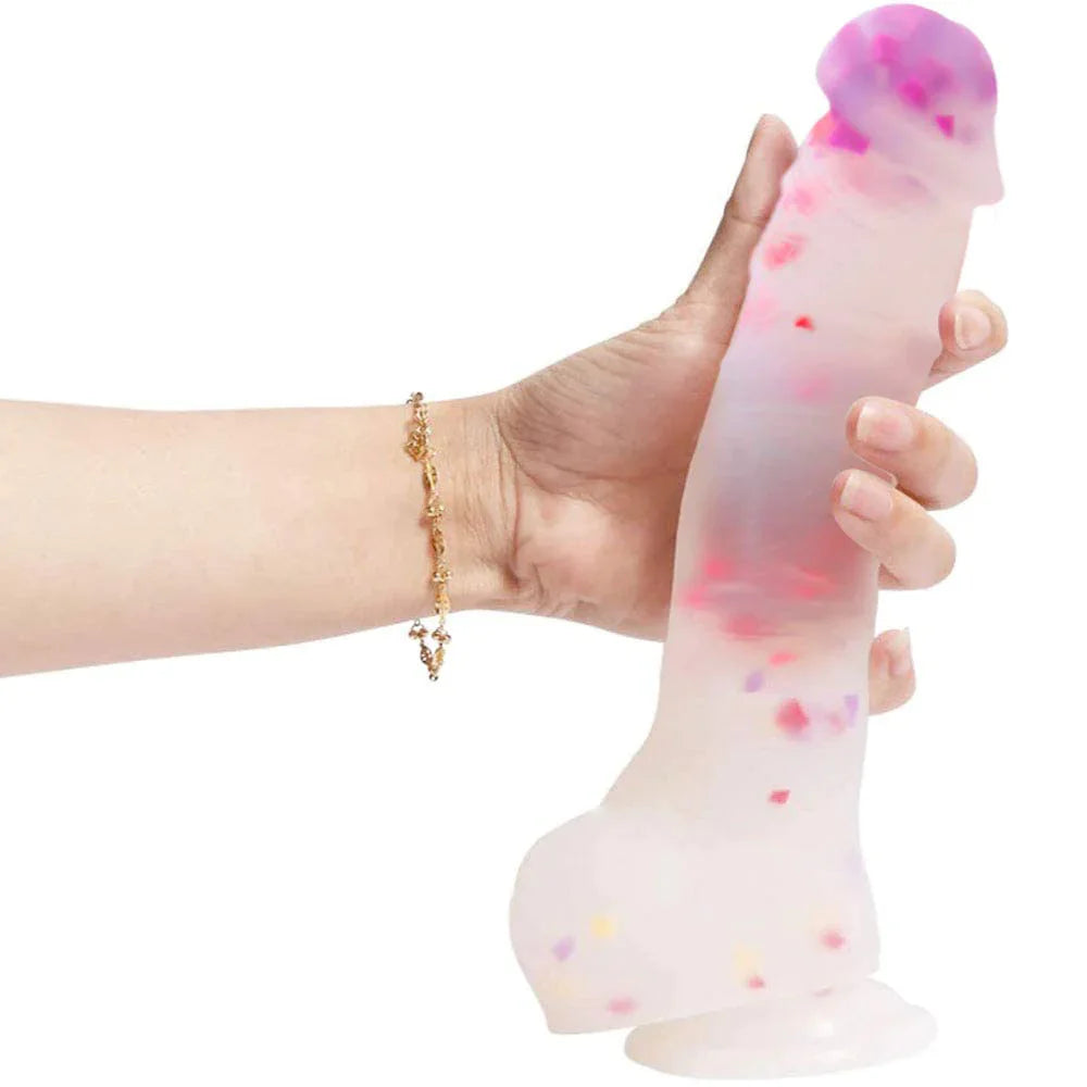 9 Inch Curved Realistic Jelly Confetti Dildo