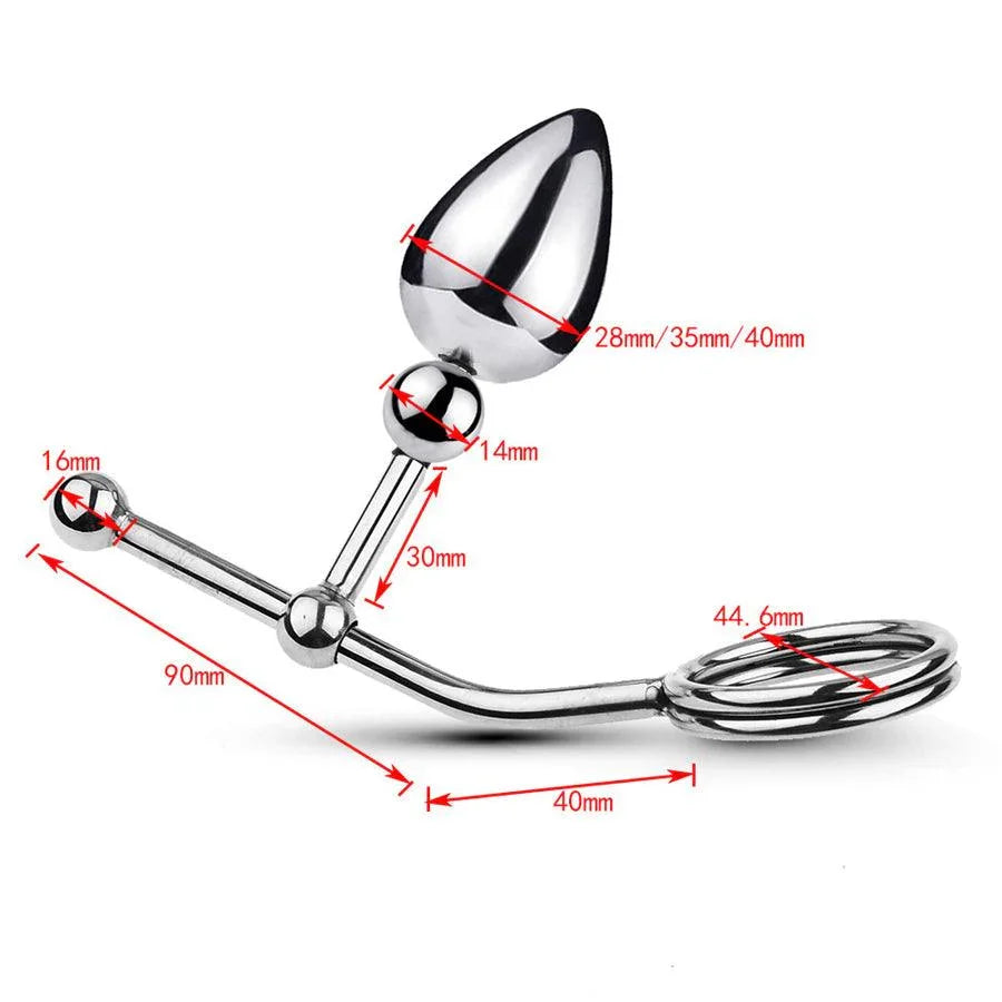 Adjustable Stainless Steel Anal Hook with Penis Rings