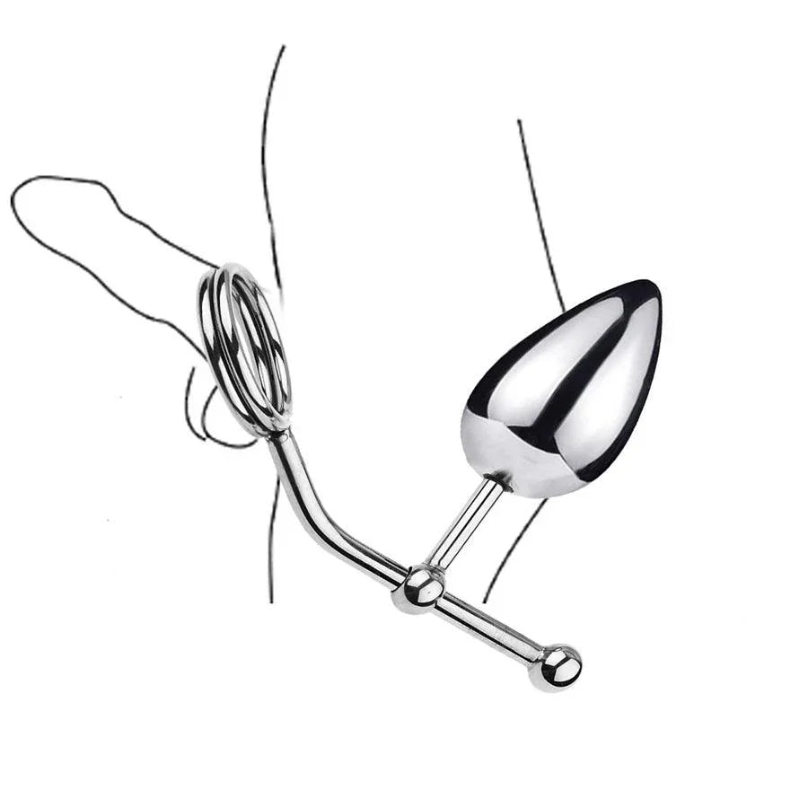 Adjustable Stainless Steel Anal Hook with Penis Rings