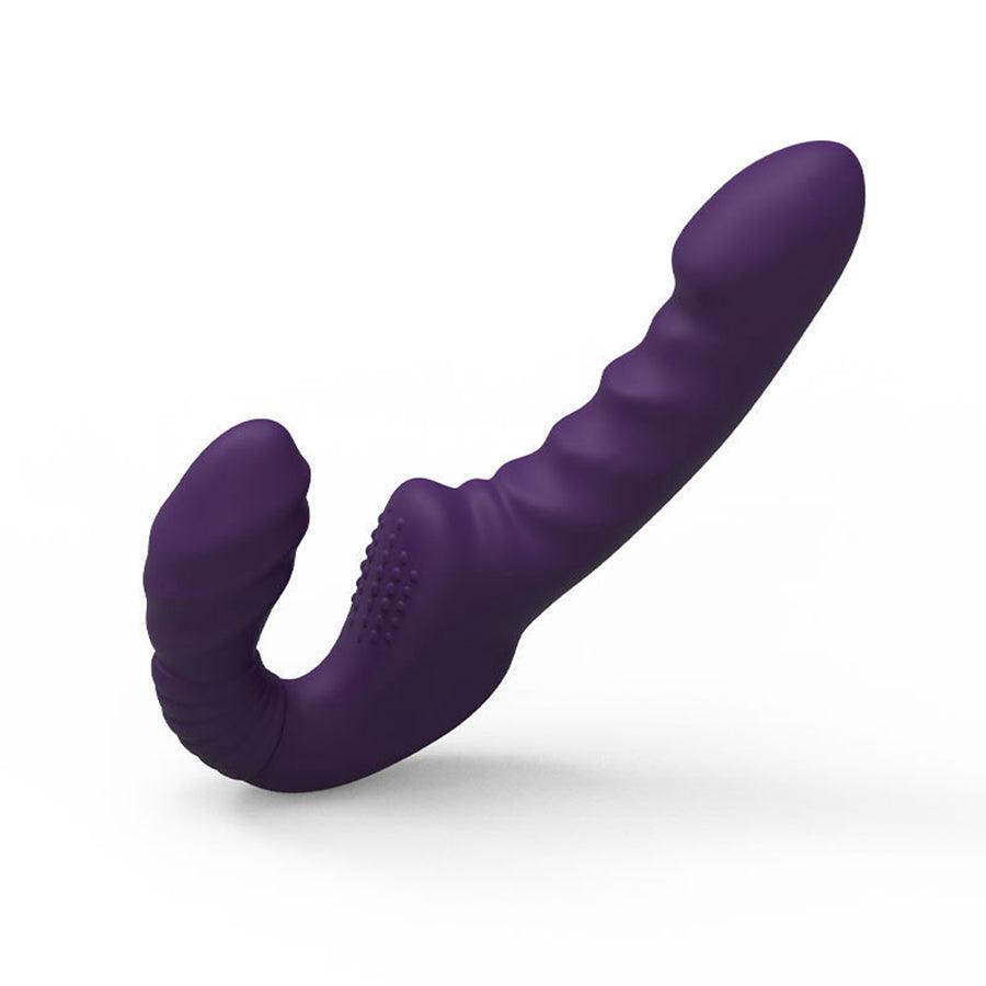 Purple Ribbed Remote Control Vibrating Strapless Dildo