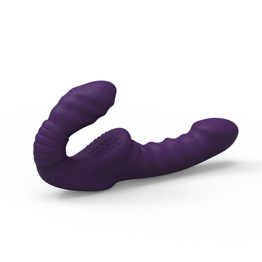 Purple Ribbed Remote Control Vibrating Strapless Dildo