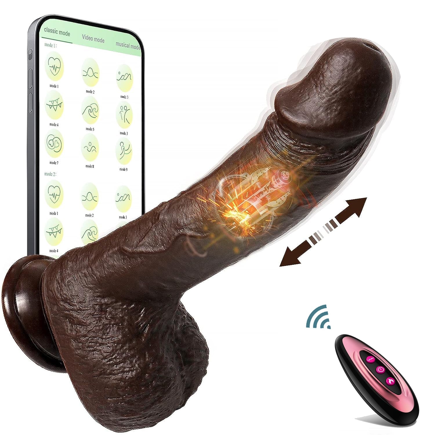 9 Inch Brown App Vibrating Thrusting Dildo